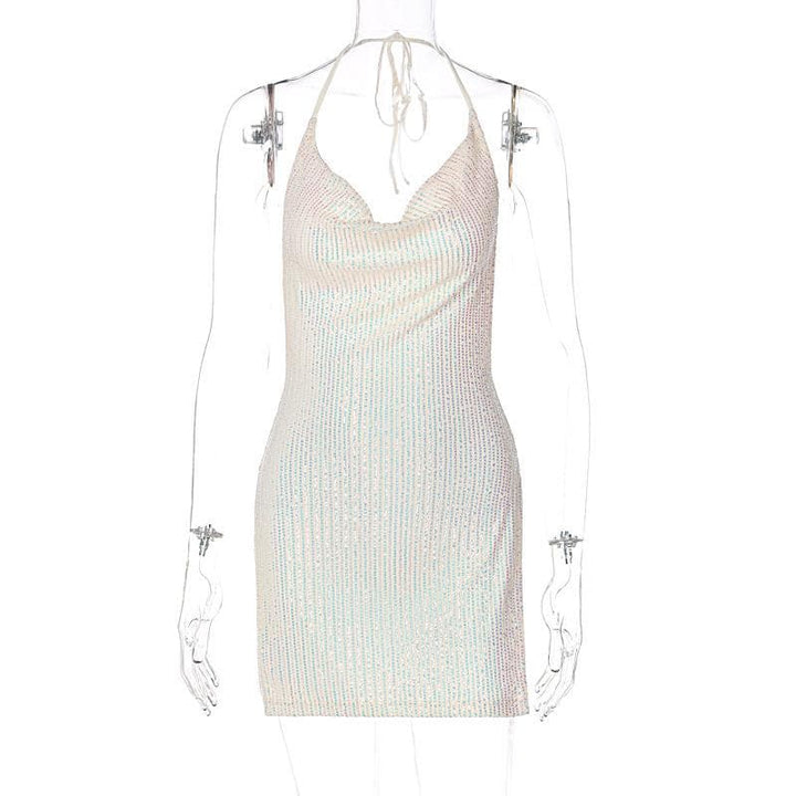 Glitter cowl neck halter slit backless mini dress