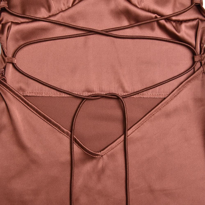 Satin solid lace up cross back v neck low cut maxi dress