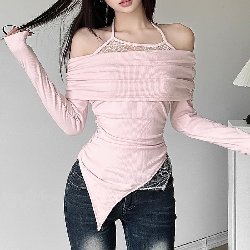 Ruched lace off shoulder halter long sleeve irregular top  | Festival Outfits Women