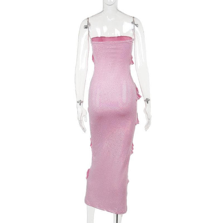 Ruffle textured ruched backless tube midi dress  | Festival Outfits Women