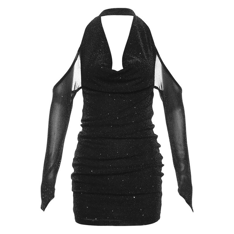 Long sleeve off shoulder halter cowl neck glitter mesh mini dress  | Festival Outfits Women-final-sale