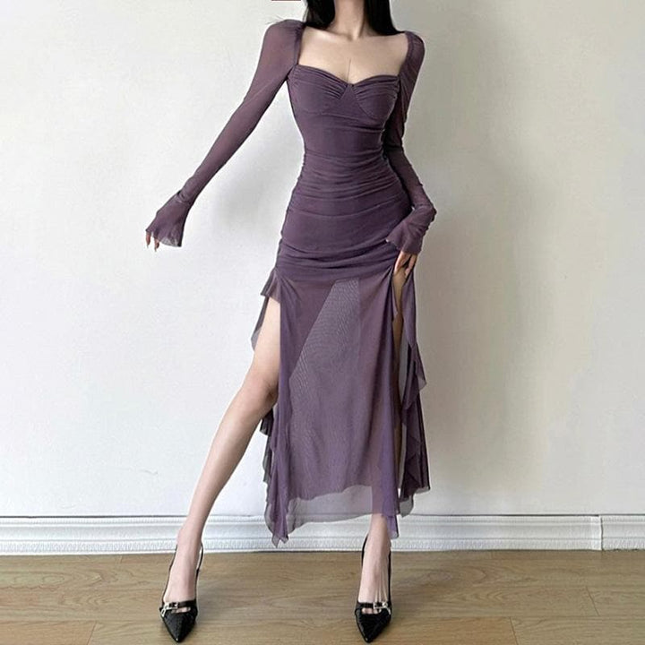 Mesh ruffle solid long sleeve ruched self tie slit maxi dress  | Festival Outfits Women