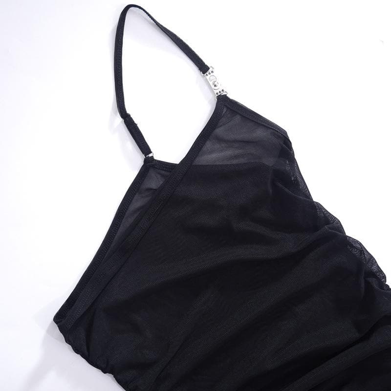 Sheer mesh see through one shoulder ruched irregular midi dress