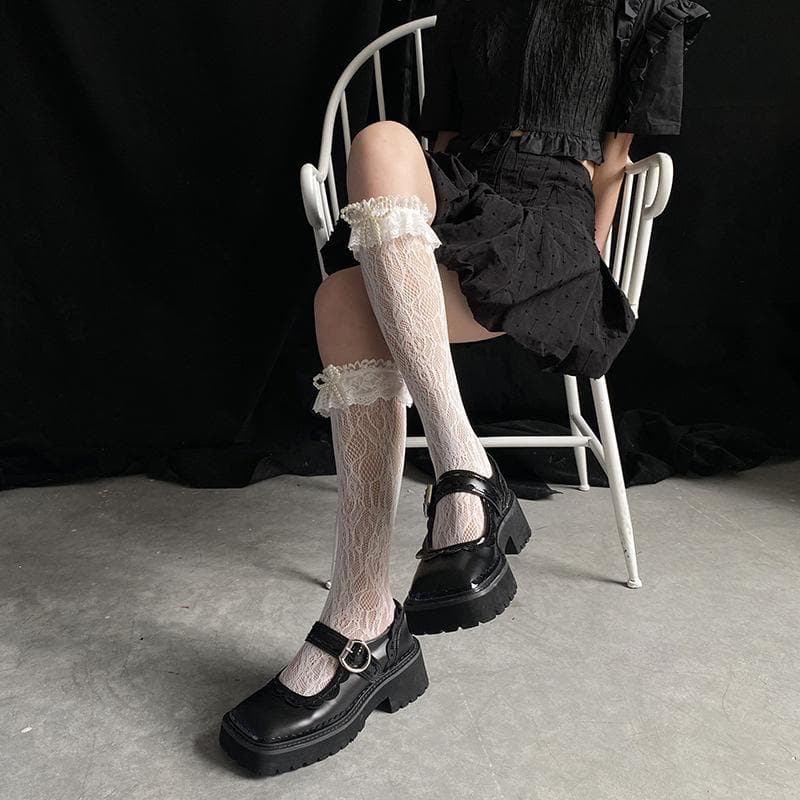 Sheer lace bowknot applique knee high socks