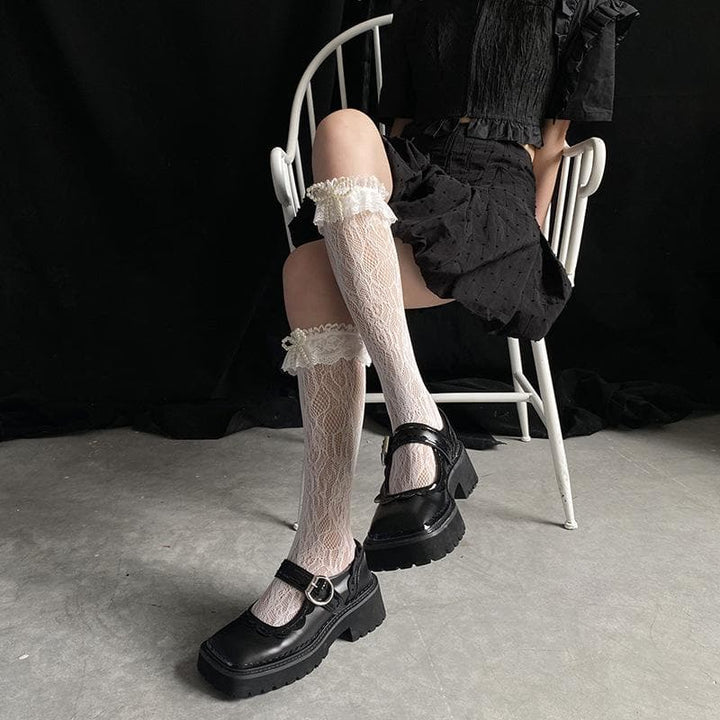 Sheer lace bowknot applique knee high socks