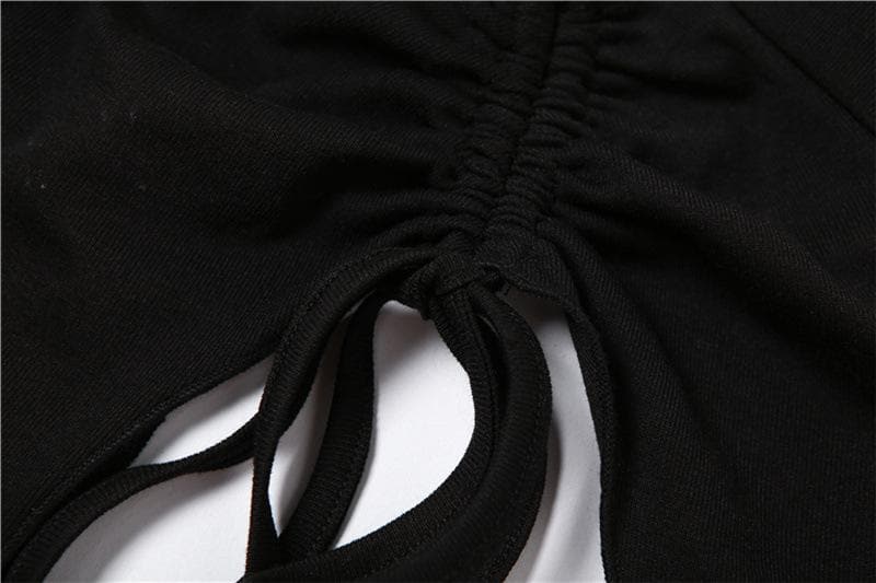 Mesh hollow out slit drawstring long sleeve halter self tie crop cut out top-final-sale