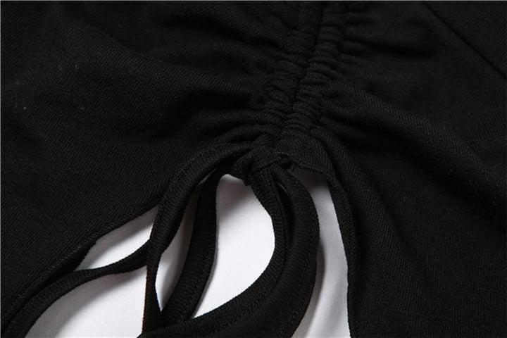 Mesh hollow out slit drawstring long sleeve halter self tie crop cut out top-final-sale