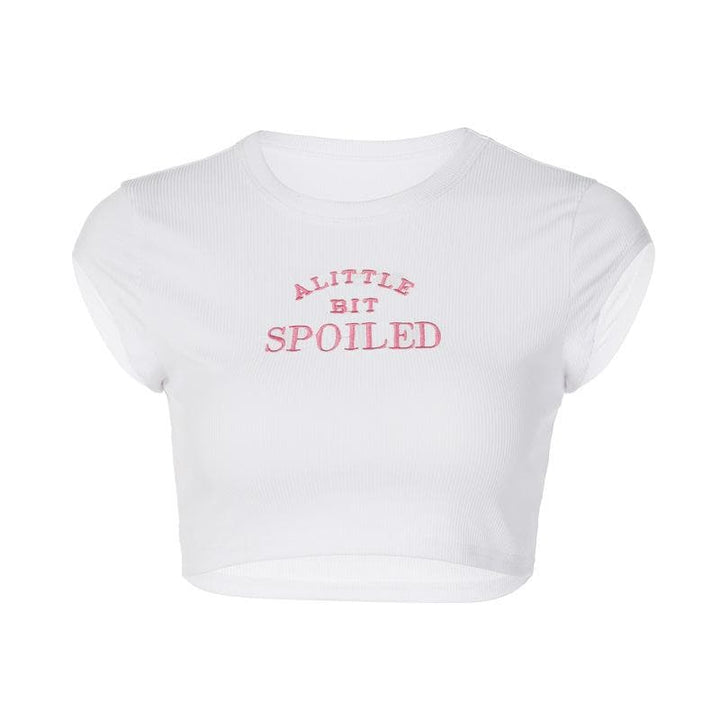 “SPOILED” embroidery contrast crewneck cap sleeve crop top