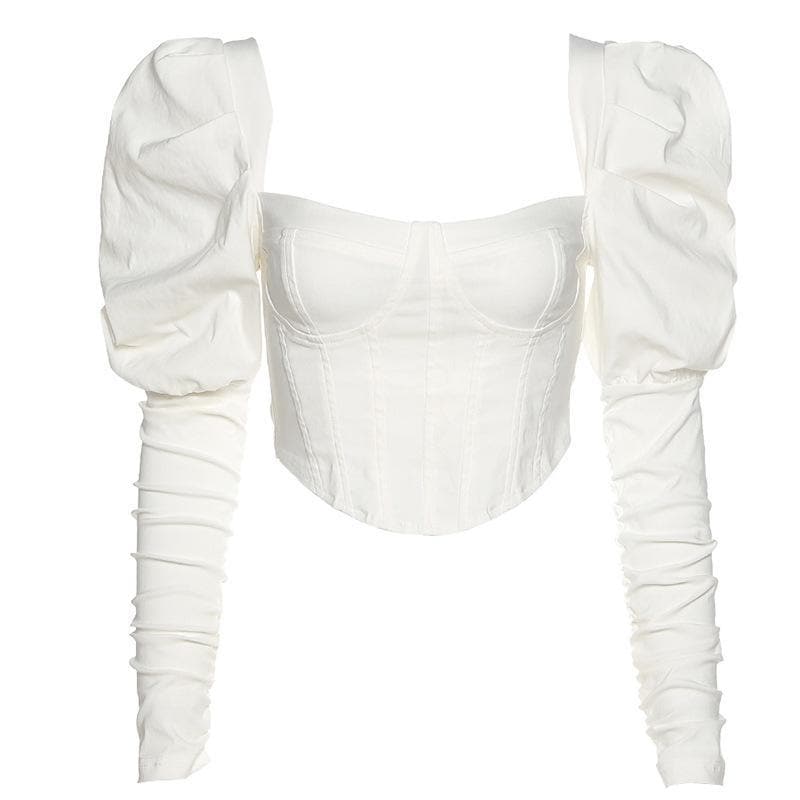 Puff sleeve heart neck corset solid top - Halibuy