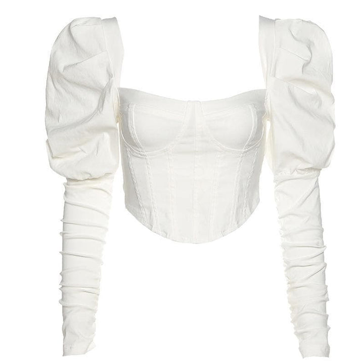 Puff sleeve heart neck corset solid top - Halibuy