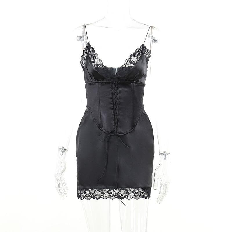 Lace hem solid v neck lace up corset sleeveless mini dress - Final Sale