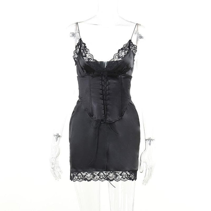 Lace hem solid v neck lace up corset sleeveless mini dress - Final Sale