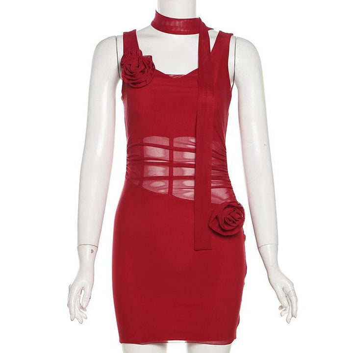 Cowl neck sheer mesh flower applique cami mini dress  | Festival Outfits Women