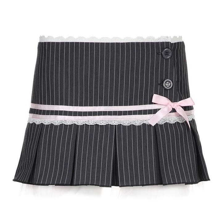 Bowknot lace hem pleated button striped print mini skirt  | Festival Outfits Women