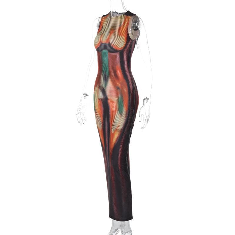 Crewneck body print contrast tank maxi dress  | Festival Outfits Women