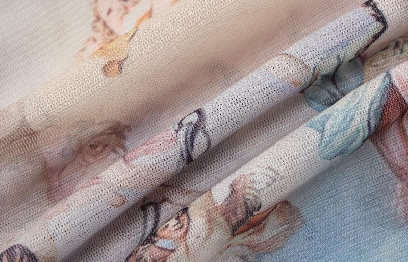 Sheer mesh see through abstract ruched short sleeve contrast mini dress