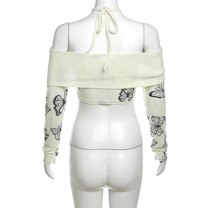 Butterfly print contrast off shoulder halter long sleeve crop top