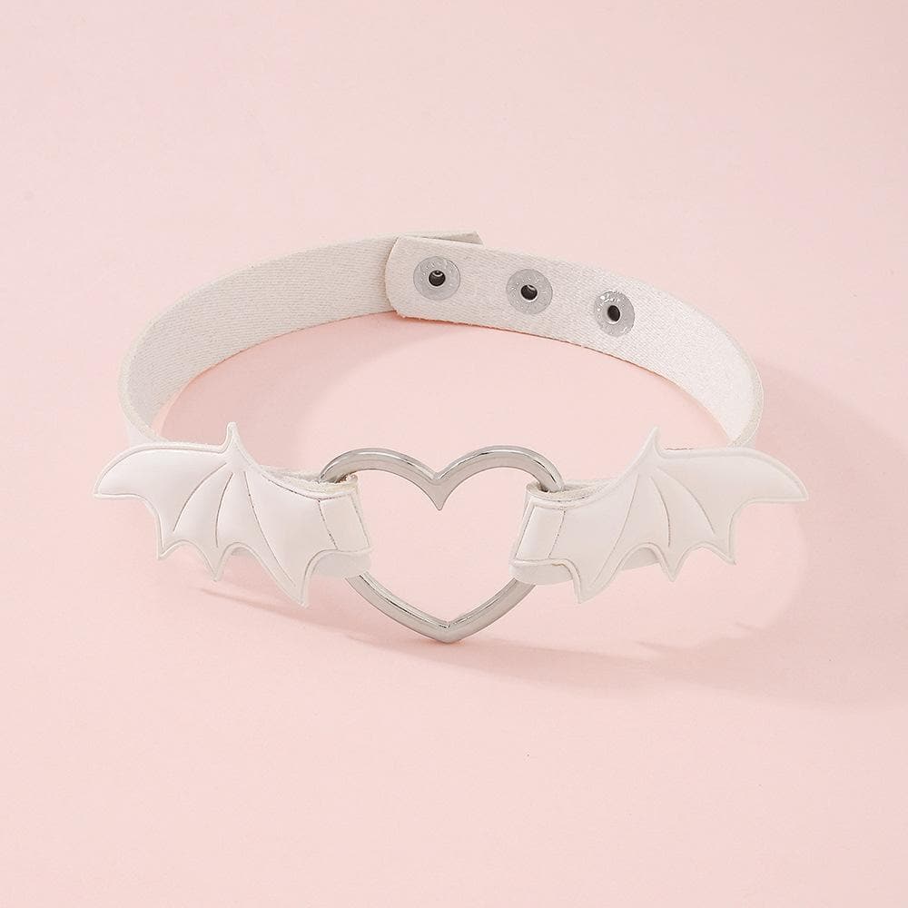 Wing heart ring button PU choker necklace
