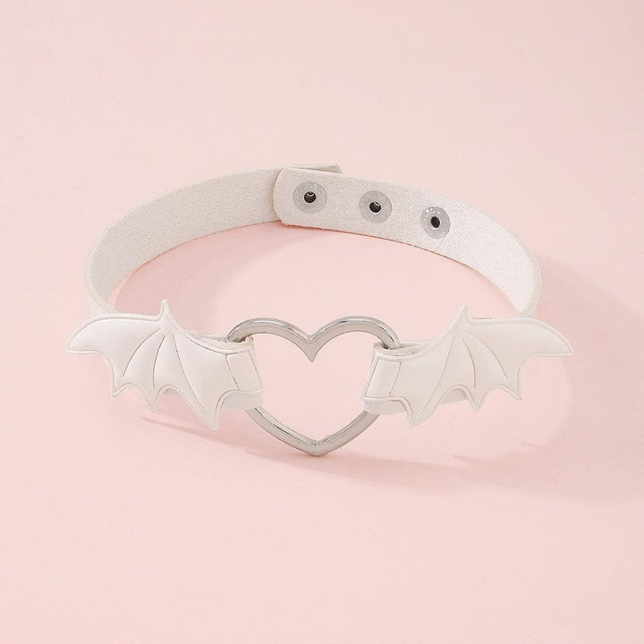 Wing heart ring button PU choker necklace