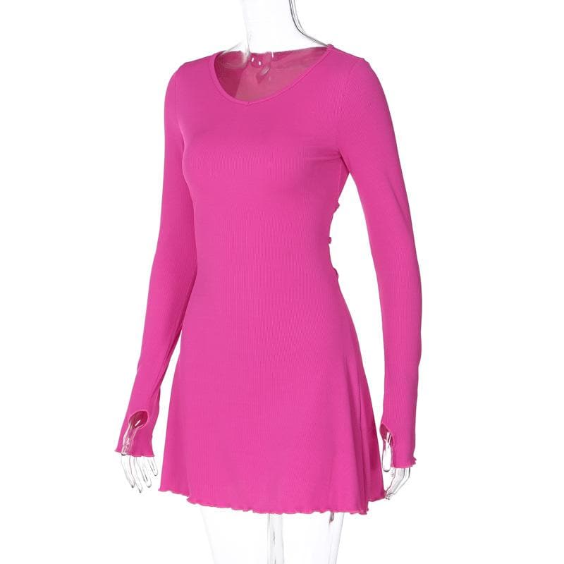 Ribbed solid long sleeve gloves lace up ruffle mini dress  | Festival Outfits Women