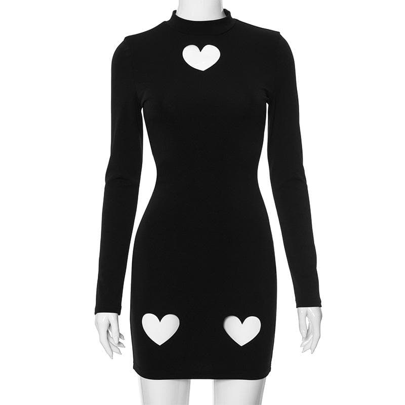 Heart hollow out long sleeve solid high neck cut out mini dress  | Festival Outfits Women