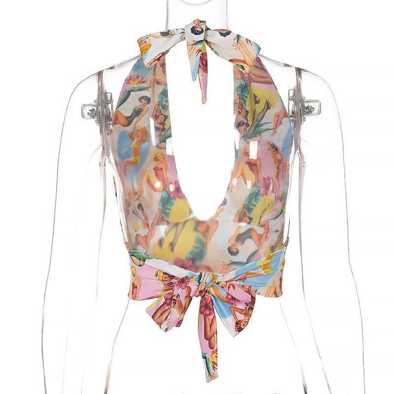Backless bowknot halter printed top - Halibuy