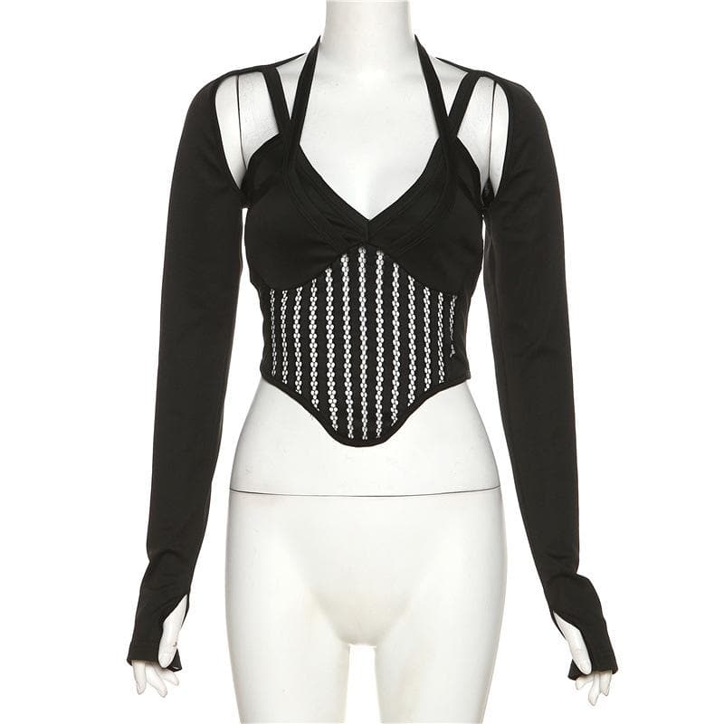 Hollow out halter solid gloves long sleeve crop top - Final Sale