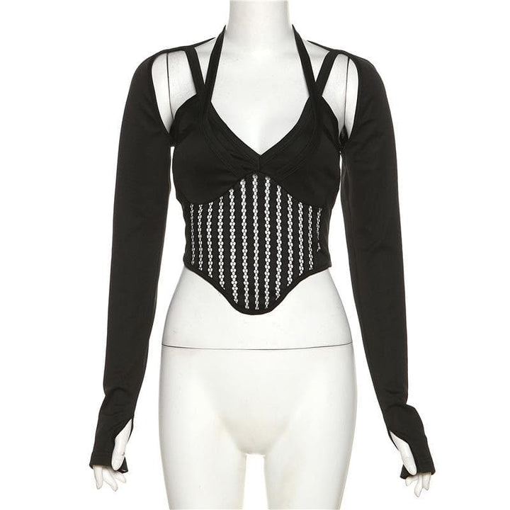 Hollow out halter solid gloves long sleeve crop top - Final Sale