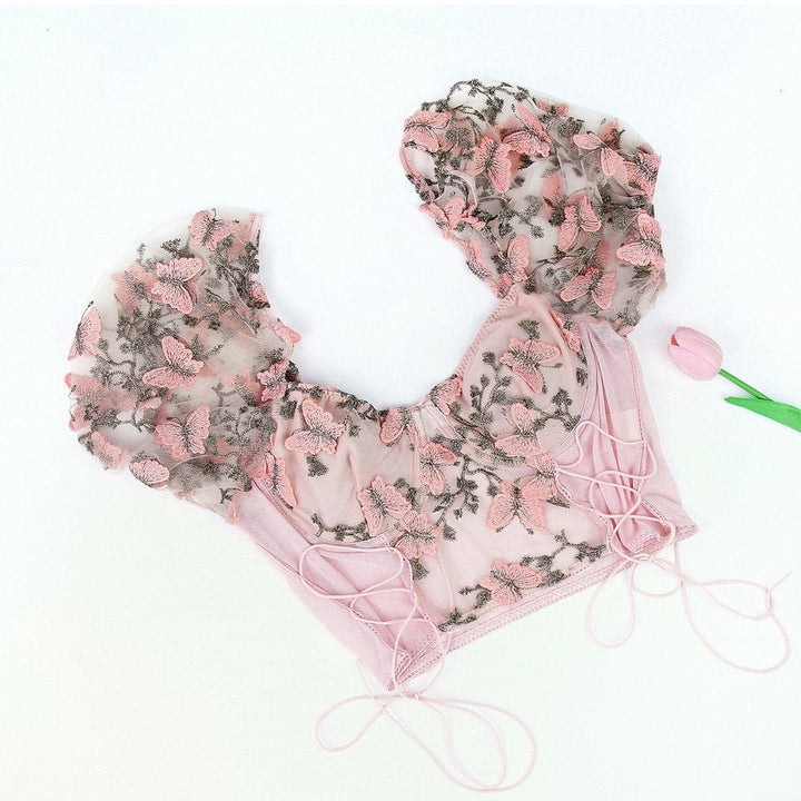 Butterfly embroidery drawstring mesh lace up bustier crop top