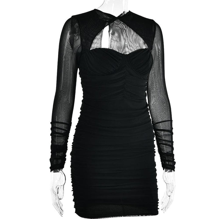 Hollow out ruched mesh long sleeve zip-up button cut out mini dress