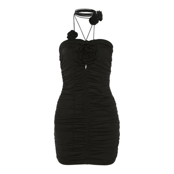 Appliques solid ruched string dress - Halibuy