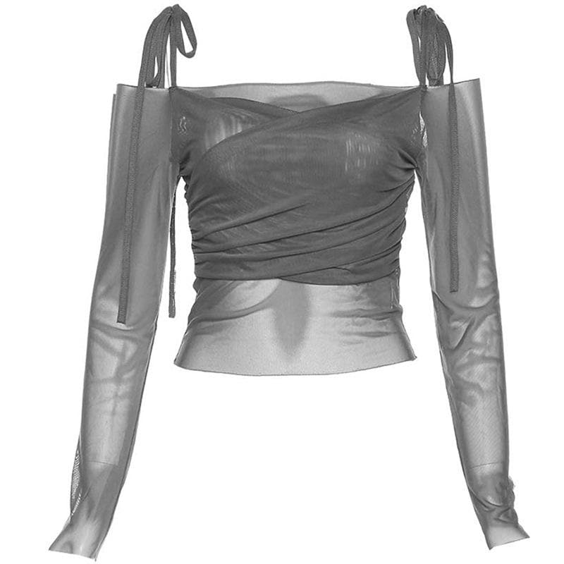 Long sleeve mesh self tie off shoulder solid crop top | Mesh Long Sleeve Crop Top
