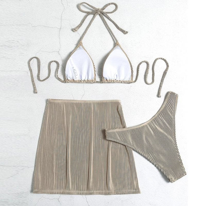 Textured self tie halter mini skirt 3 piece swimwear
