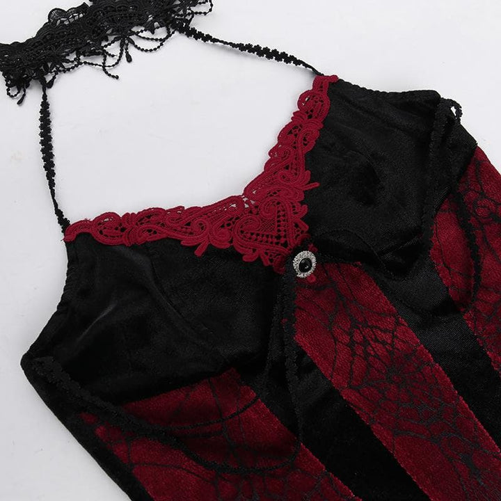 Contrast lace hem halter backless velvet corset top | victorian gothic dresses  | Festival Outfits Women