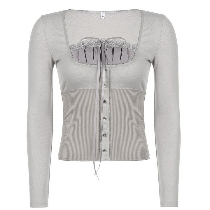 Solid long sleeve lace hem button self tie top