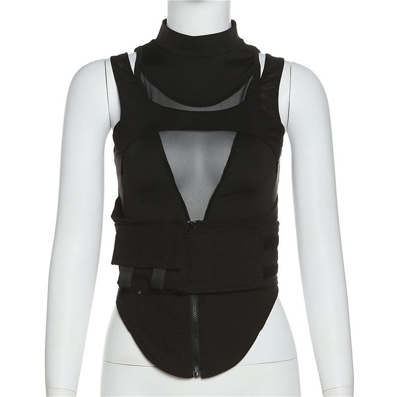 Hollow out high neck corset sleeveless zip-up crop cut out top