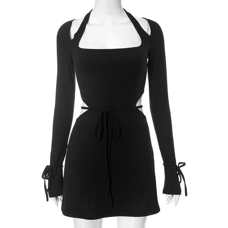 Long flared sleeve halter square neck hollow out cut out mini dress  | Festival Outfits Women