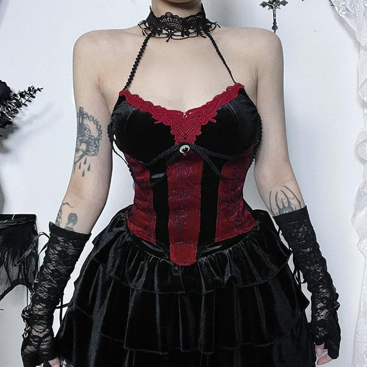 Contrast lace hem halter backless velvet corset top | victorian gothic dresses  | Festival Outfits Women