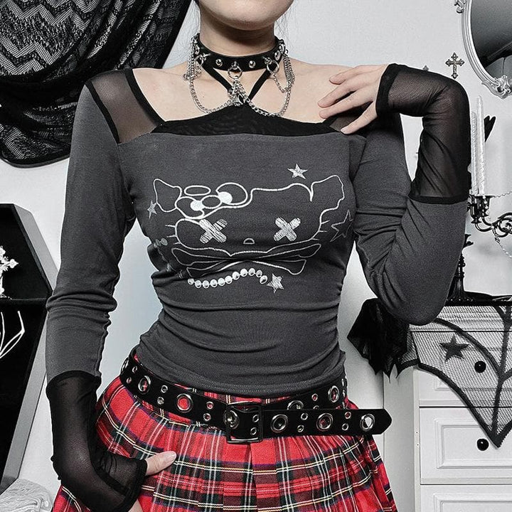 Long sleeve halter cat pattern mesh patchwork stitch top  | Festival Outfits Women