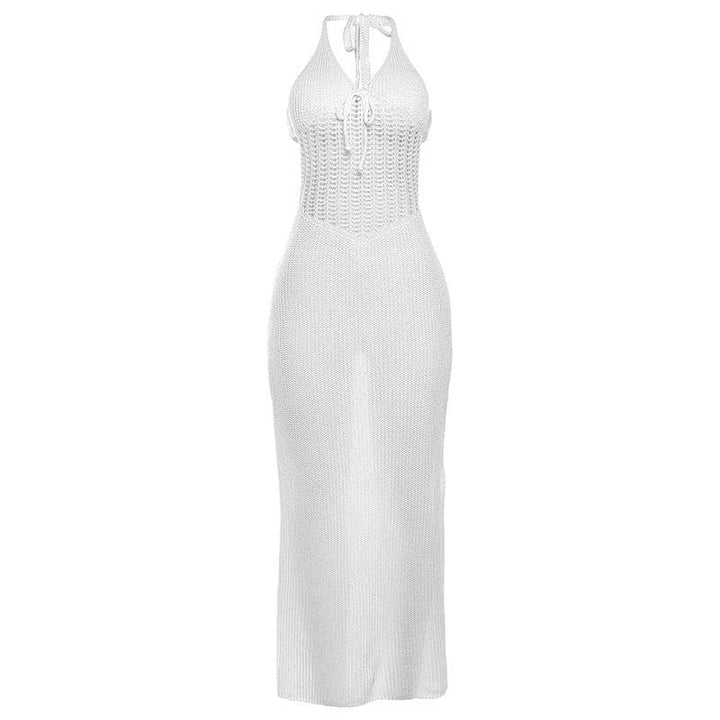 Knitted hollow out see through halter cut out maxi dress  | Festival Outfits Women