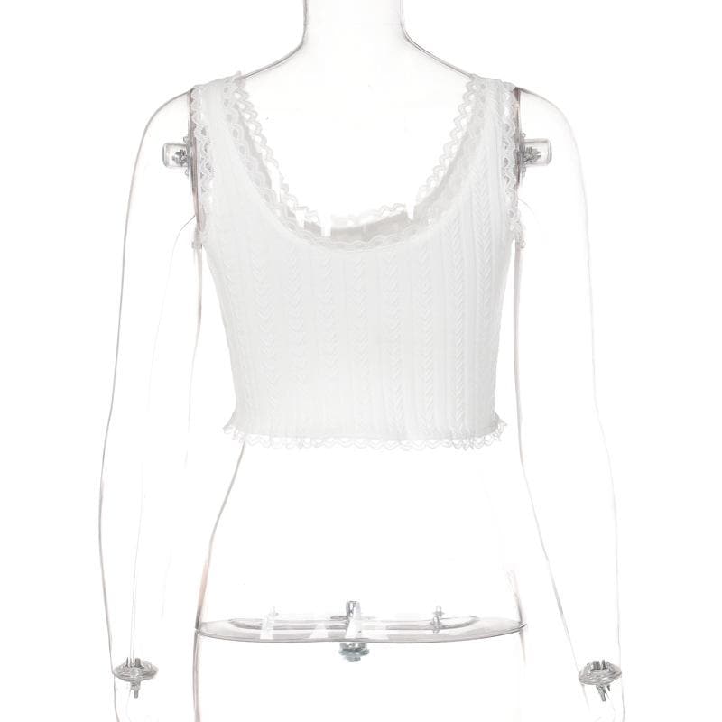 Textured lace hem solid u neck sleeveless crop top