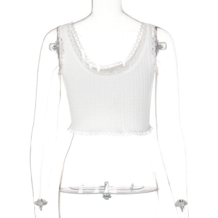 Textured lace hem solid u neck sleeveless crop top