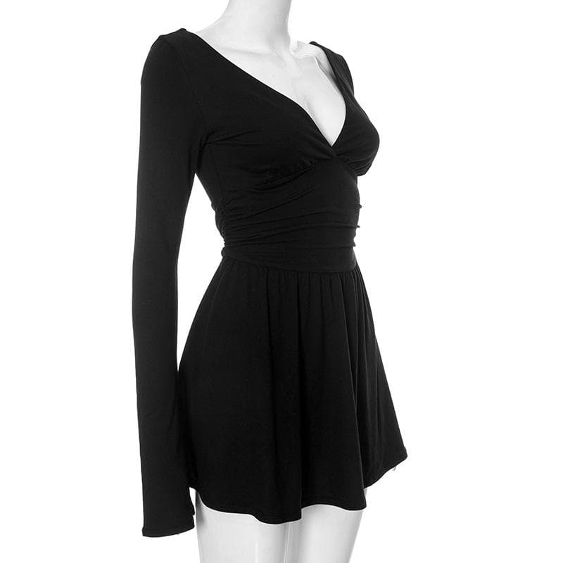 Long flared sleeve backless v neck ruched solid mini dress  | Festival Outfits Women