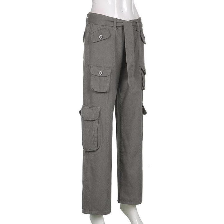 Tie waist pocket button solid straight leg cargo jeans Parachute pants