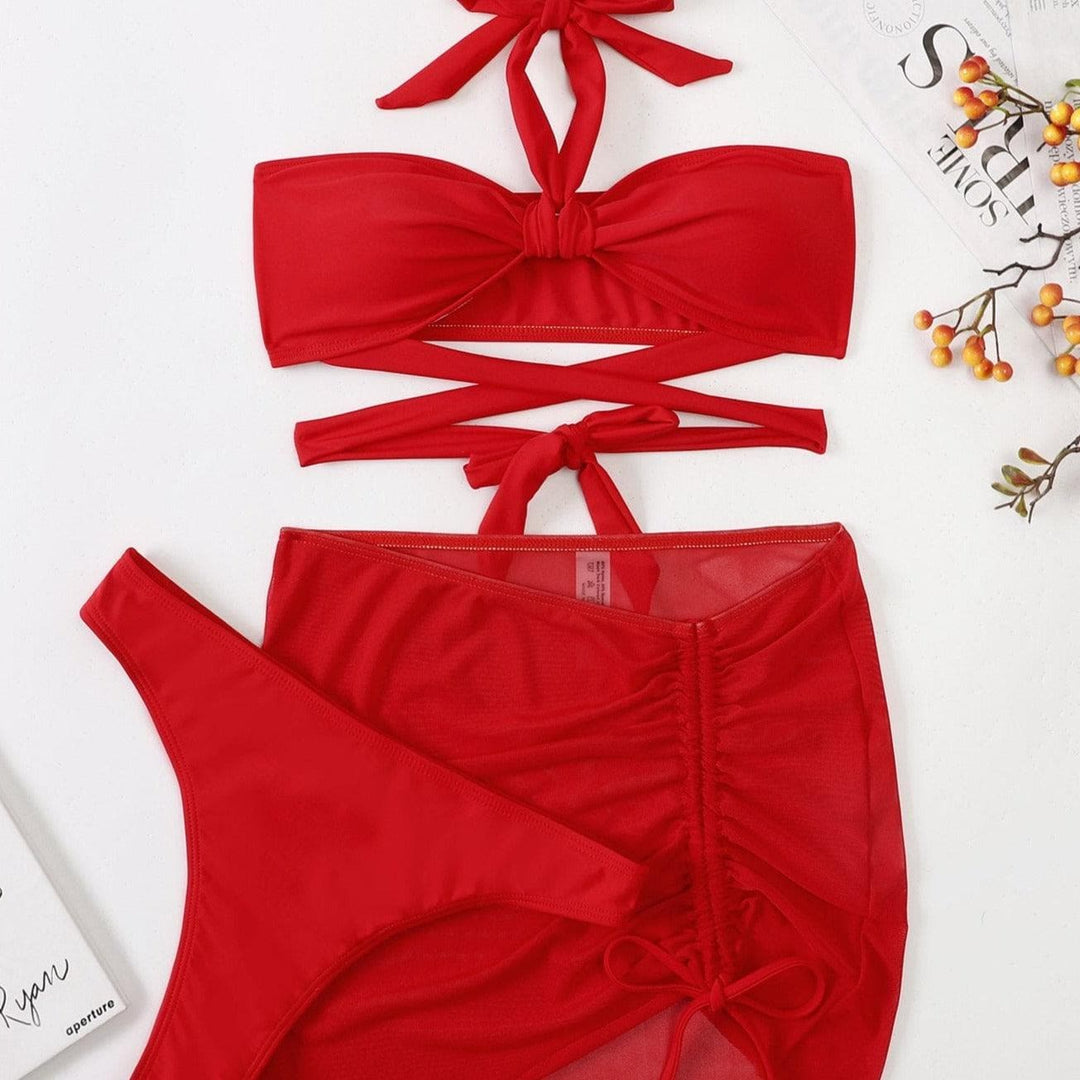 Knotted cross tie 3 piece bikini set - Halibuy