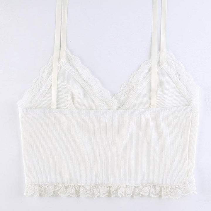 Hem lace self tie ribbed crop cami top