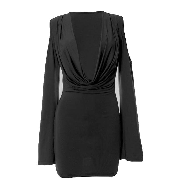 Long flared sleeve off shoulder cowl neck ruched solid mini dress  | Festival Outfits Women