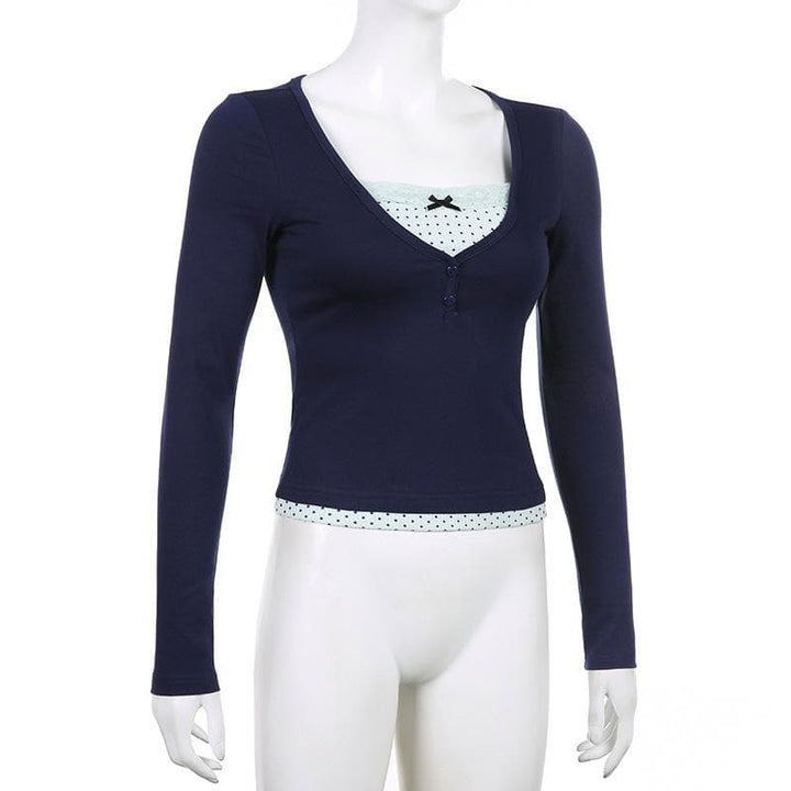 Polka dot patchwork long sleeve lace hem button top  | Festival Outfits Women