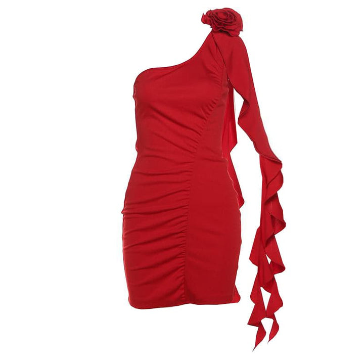 One shoulder flower applique ruched ruffle solid backless mini dress  | Festival Outfits Women