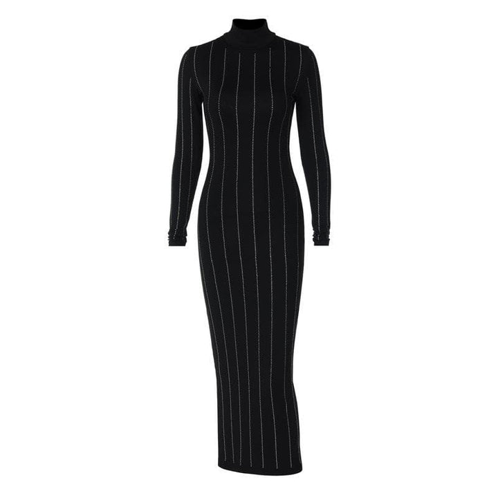 Long sleeve high neck beaded solid midi dress  | Festival Outfits Women